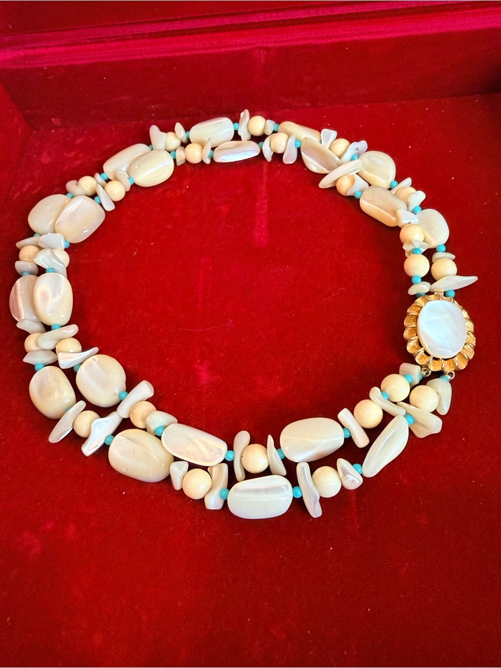 Vintage Arthur Pepper 1960s Double-Strand Mother of Pearl and Turquoise Necklace